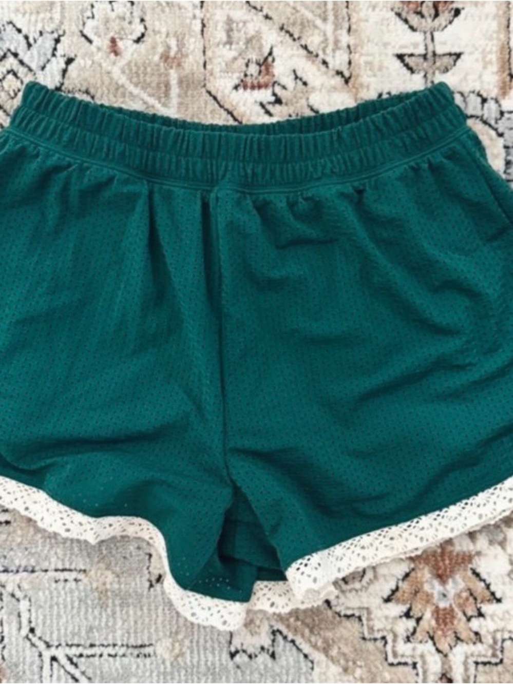 aerie Teal Green Athletic Shorts with White Lace Trim